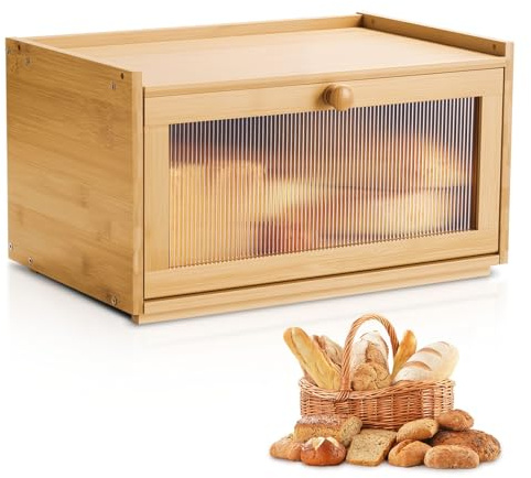 VEVOR Bread Box for Kitchen Counter, Large Capacity Bamboo Bread Storage Container, Farmhouse Wooden Breadbox Organizer for Homemade Bread, Storage Holder Bin with Acrylic Wavy Door Panel, Natural