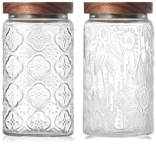 Glass Storage Jars with Wooden Lids - Vintage Kitchen Canisters, Airtight Biscuit Barrel and Tin, Wide Mouth Containers for Cookie, Tea Bags, Coffee, Sugar, Sweet, Cereal, Flour, Set of 2, 1000 ML