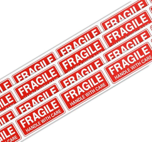 50 x Strip Fragile Stickers – 1 x 3 Red Warning Labels, Handle with Care – Strong Adhesive Packing Labels for Shipping Boxes, Fragile Stickers for Moving, Mailing & Storage