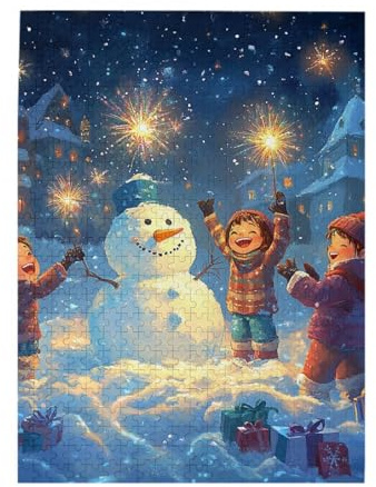 MA6GE8DE 500 Pieces Adults Jigsaw Puzzle, Children Celebrating with Snowman & Sparklers – Winter Night Scene with Fireworks, Gift Boxes & Snowy Town, Wooden Puzzle for Adults