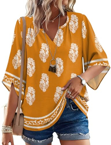 LOMON Women's Peasant Blouse Bohemian Style Spring Tops Business Casual Flowy Shirts to Hide Tummy Plus Size Womens Clothing