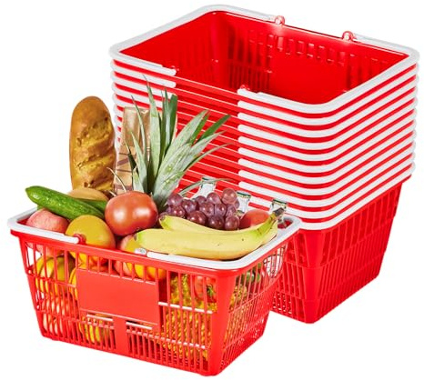VEVOR Cestas de Compra con Asas 12 Piezas 430 x 305 x 215 mm, Apilables, de Plástico PE, Estructura de Malla Densa, Capacidad de hasta 9,07 kg, para Supermercados, Tiendas, Uso Doméstico, Rojo