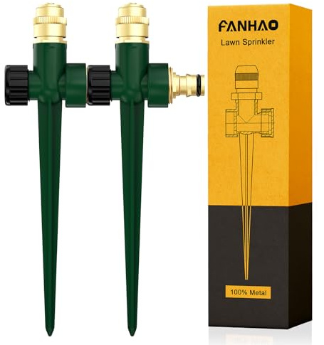 FANHAO 2 Pezzi irrigatori automatici da giardino in 100% metallo per cortile,con base a punta, bocchetta regolabile in ottone,copertura a 360 gradi per l'irrigazione di prato,patio e giardino