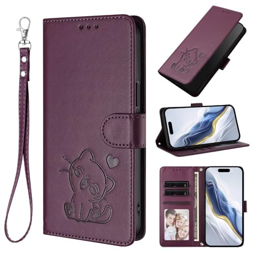 för Cricket Magic 2 5G fodral, flip PU-läder präglad katt stöttåligt bokplånbok fodral med stativ magnetisk folio TPU stötfångare gel skyddande telefonskydd för Cricket Magic 2 5G lila