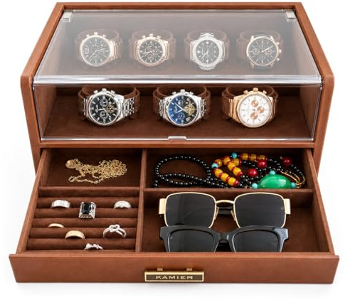 KAMIER 7 Slot Watch Box for Men, PU Leather Watch Display Case with Lid