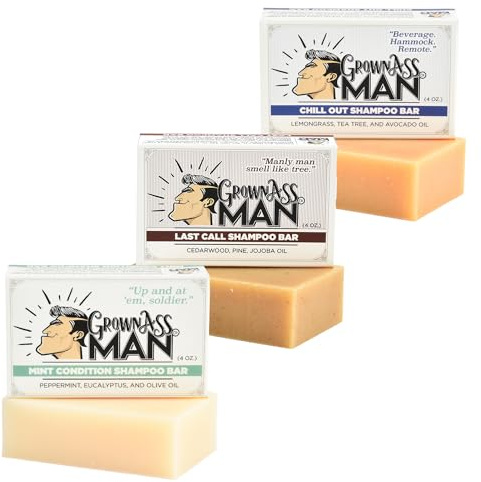 Grown Ass Man Co. - Solid Shampoo Bar Rich Lather 3 in 1: Hair, Beard & Body Wash - Plastic Free & Eco-Friendly, Natural & Organic Clean for All Hair Types, 4oz Bar (Variety, 3-Pack)