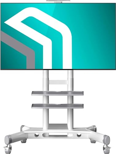 ONKRON TV Ständer rollbar für 40-70 Zoll Fernseher, max Last 60,5 kg, Wagen TV Standfuss höhenverstellbar, 2 Ablagen, max VESA 600x400, professioneller Fernsehständer mit Rollen Weiß TS1552-W