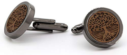NaturSchatulle Manschettenknöpfe Herren Holz 3D Gravur Lebensbaum | 1 Paar Schwarz Manschettenknopf Rund Hochzeit Anzug Männer Cufflinks for Men
