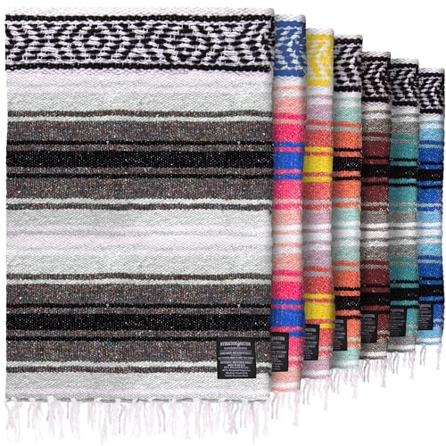 Authentische extra große mexikanische Decke (177,8 x 127 cm) – handgewebte Yoga-Decke, Serape-Decke, handwerkliche Falsa-Decke, Stranddecke, Campingdecke, Picknickdecke, Outdoor-Decke (grau)