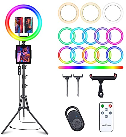 13 Selfie Ring Light with 76 Tripod Stand & 3 Phone Holder, LED Camera Ringlight with 48 RGB Colors Modes & Musical Rhythm Mode and 12 Brightness Dimmable for Makeup/Photography/Videos/Vlog/TikTok