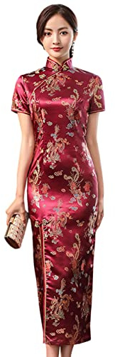 Altsuceser Dam mandarinkrage vintage broderi drake fenixtryck cheongsam klänning, delad traditionell kinesisk klänning Qipao bröllopsklänning vinröd M