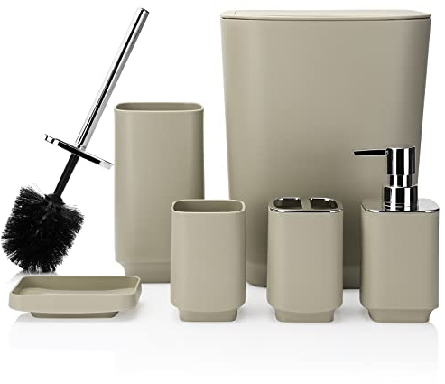 JOTOM 6-teiliges luxuriöses Kunststoff-Badezimmer-Zubehör-Set mit Mülleimer, WC-Bürste, Zahnbürstenhalter, Becher, Seifenschale und Seifenspender (Beige)