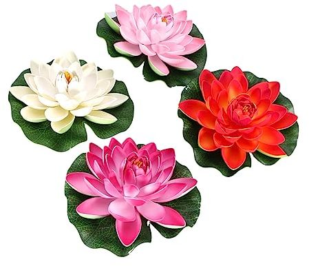 DECHOUS 4 Stück Teichdekorationen Im Freien Teich Deko Seerosen Teich Lotus Lilien Pads Künstlich Künstliche Lotus Lotusblätter Realistisch Gefälschter Blumen Faux Pool-Party Lotusteich Pu