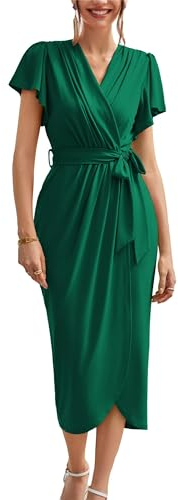 Women’s Short Sleeve Green Dress V Neck Wrap Ruffle Sleeve Bodycon Work Office Ladies Dress M