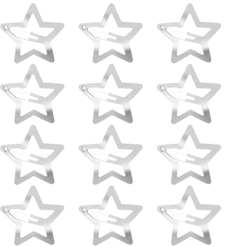 COMNICO 12 Pcs Star Clips Non-Slip Metal Snap Barrettes 2000s Y2K Accessories Shapes Pentagram Fashion Sparkling Hairpin Set Cool Personalized Style for Women and Girls (Silver)