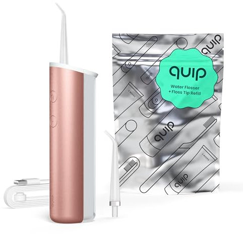 quip Water Flosser with Replacement Tip - Cordless Water Flosser with Adjustable Pressure - Teeth Cleaner Pick with 360 Degree Rotating Replaceable Tip, Rechargeable Water Dental Pick - Copper