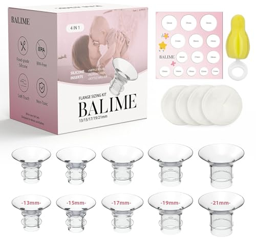 Flänsinlägg för bröstpump, BALIME 10 st flänsinsats 13/15/17/19/21 mm för 24 mm fläns av de flesta pumpar, bröstkuddar, mått för bröstvårta, kompatibel med Medela Elvie Momcozy Spectra Bellababy
