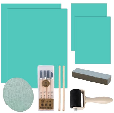 13 Stück Linoldruck Set 2 x A4 und 2 x A6 Grüner Linoldruck Linolschnitt Set Stempelgummi 3mm Dick Mit Schnitzmesser Walze Reibend Wetzstein Bleistift für Topografie Gravur Kunstdrucke Druck