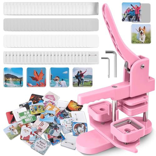 KEYSAFER 50x50mm Square Button Making Kit for DIY Badge Making with 100 Buttons Button Making Supplies Button Gift Button Team Badge (Pink)