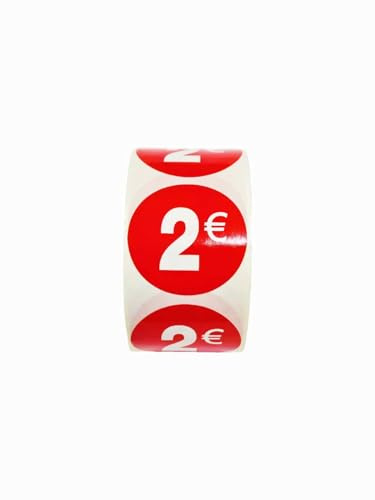Etiquetas Adhesivas de Precio, 2.500 Pegatinas, 35 mm, Rojo Brillante, 5 Rollos (2€ -2500UDS)
