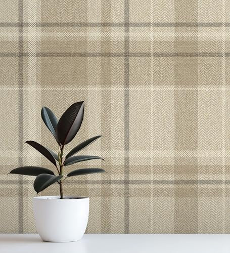GAULAN 500683559 - Papel pintado de cuadros escoceses fondo efecto textil de espiga en tonos beige para pared salón dormitorio pasillo comedor - 21 x 29 cm