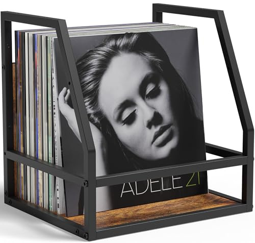 Y&M 2 In 1 Vinyl Record Storage Crate, 1PC Wood LP Holder, Wall Mount or Desktop Metal Album Organizer, Holds 80+ Records, Multifunctional Stackable Magazine Display Shelf, Brown