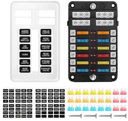 12 Voies Boîte Fusibles12V, Porte Fusible Voiture, Boîte Fusibles Voiture 12 voies avec 24pcs fusibles et Indicateur LED Couverture de Protection pour 12V/24V Voiture, Bateau, Fourgonnette, SUV