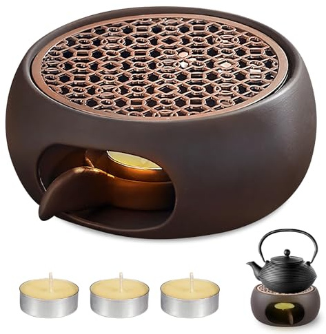 GOMETY Calientaplatos para tetera, calentador de té de cerámica con portavelas, calentador de tetera con soporte para velas de té, calentador de té, calentador para café, té, leche