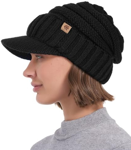Creekstone Women Men Winter Beanie Hat with Visor, Warm Fleece Lined Beanie Cap, Thick Knit Cap Slouchy Hat with Brim (UK, Alpha, One Size, Black)