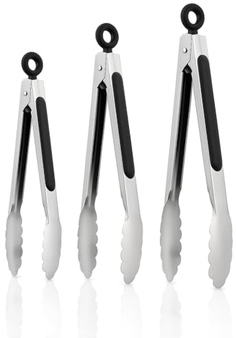 3 PCS Pinzas de Cocina en Acero Inoxidable, (19,5/26,5/32,5 cm) con Mango Antideslizante, Pinzas Cocina Profesionales para Alimentos, Buffet, Ensaladas, Grill y Pinzas Barbacoa