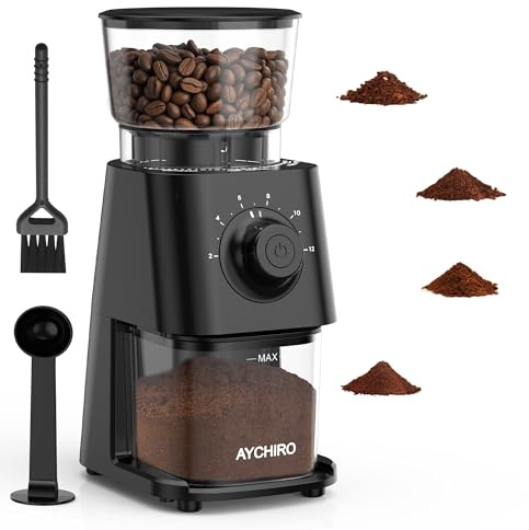 AYCHIRO Coffee Grinder Electric, Coffee Beans Grinder for Home Use with 30 Grind Settings - 12 Cups Capacity for Espresso, Drip & Americano, Black