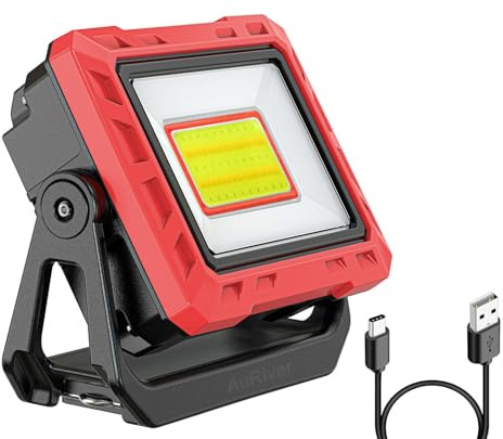 AuRiver Lampada da lavoro a LED, 2000 lumen, super luminosa, ricaricabile, portatile, con base magnetica, per garage, officina, cantiere, campeggio (rosso)
