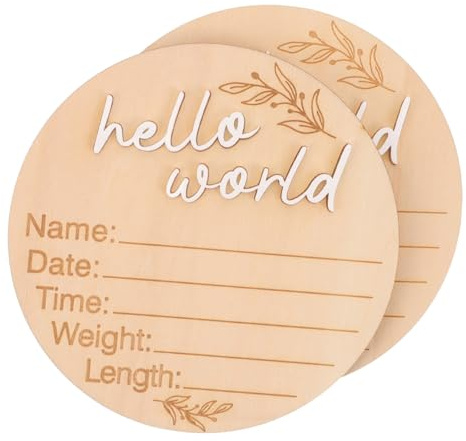 HIAKDOFT 2pcs Wooden Cards Round Shape Newborn Name Sign Birth Announcement Plaque Growth Record Decorative Souvenir