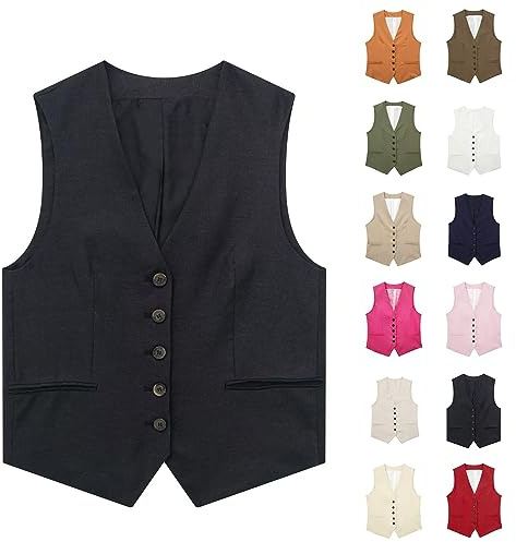 Gilet senza maniche, da uomo, sottile, in lino, estivo, leggero, con tasche, per il tempo libero, elegante, con scollo a V, per attività all'aria aperta, con bottoni, per lo sport