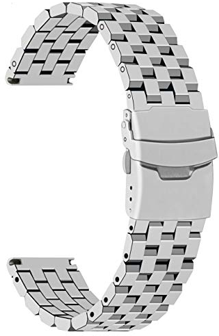Juntan 5 Reihen Edelstahl Uhrenarmband 24mm für Männer Frauen, Metall Gebürstet Uhrenarmbänder Uhr Armband mit Deployment Double FlipLock Schnalle Silber