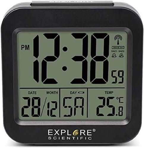 Explore Scientific RDC1008 Orologio radiocontrollato da viaggio, Retroilluminazione azzurra, Doppio allarme, Snooze, Calendario, Nero