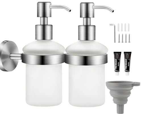 EXLECO 2 Pieces Soap Dispenser Wall Mounted Soap Dispenser Set Drilling & Self-Adhesive Made of 304 Stainless Steel 200 ml Chrome-Plated Satin Glass Bottle Hand Disinfectant Box No Drilling for