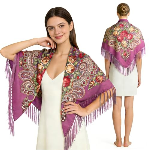 Russian Style Muffler Warm Scarf with Tassel Women's Traditional Scarf Wrap Shawl Fringes Printing Cape (Pink)