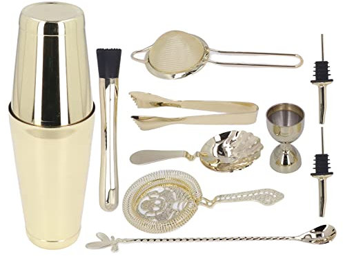 Boston - Juego de coctelera y herramientas de bar para el hogar o profesional de camarero, juego de coctelera, juego de cóctel para una impresionante experiencia de mezcla de bebidas (dorado), juego