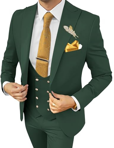 Wangyue Costume 3 pièces pour Homme - Coupe ajustée - Double Boutonnage - Costume de Smoking pour Homme - Costume d'affaires, de Mariage et de Bal de Fin d'année, Vert, Taille L