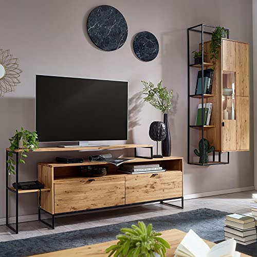 Wohnzimmer Lowboard mit Fernsehaufsatz und Hängevitrine in Wildeiche massiv geölt, B/H/T ca. 280/200/40 cm