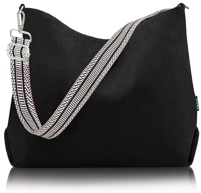 Prite Shopper Tasche Damen Groß Cord Tasche Tote Bag mit Verstellbarem Schultergurt für College Schule Arbeit Reisen Einkaufen（Schwarz）