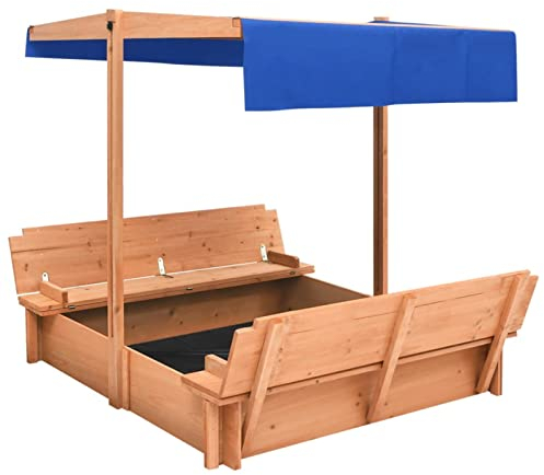 Tidyard Holz-Sandkasten mit Dach Sandbox Sandkiste Sitzbank Holzsandkasten Holzsandkiste Kinder Spielzeug Spielhaus 112 x 112 x 112 cm (L x B x H) Tannenholz, Stoff (100% Polyester)