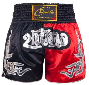 Nyeemya Kids Boys Muay Thai Boxer Shorts Martial Arts Grappling Training Bottoms Kickboxing Fighting Shorts Black&Red 7-8 Years