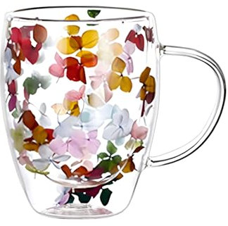 Hoquare Dry Flowers Double Walled Coffee Mugs Insulated Thermal Coffe Glasses Large Tea Cups Clear Glass Cups for Latte Cappuccino Macchiato Hot or Cold Drinks (350ML-dark Color)