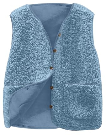 Wyongtao Teddy Fleece Gilet for Women Sleeveless V-neck Button Down Vest Sherpa Fluffy Waistcoat Coat Solid Color Lightweight Cozy Gilets Ladies Winter Soft Jacket with Pockets Fur Fuzzy Coat Outwear