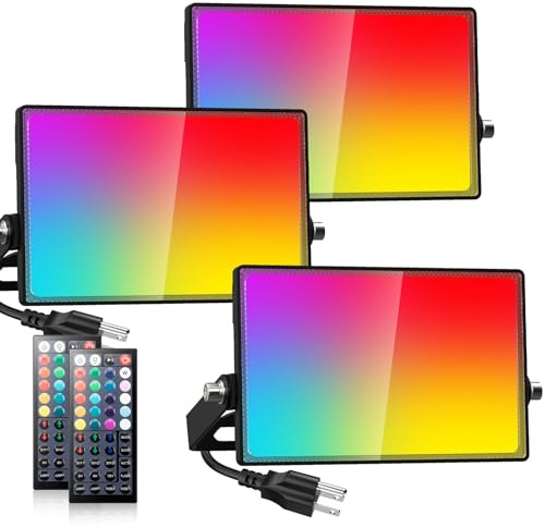 Onforu RGB LED Flood Light Outdoor, 30W Color Changing Stage Lights with Remote, 2700K Warm White Uplights for Events 3 Pack, IP66 Uplighting Indoor for Halloween, Party, Wall Wash, Landscape