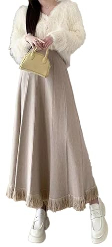 SUIUOI dam vinter midi långa kjolar, ullkjol vinterkjol midi ullkjol jerseykjol vintage damkjol vinter veckad kjol A-linje elegant dam kjol midikjolar maxikjol, 1 # havregrynsfärg, one size