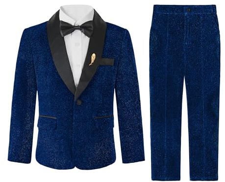 LOLANTA Costume Brillant pour Garçons, Costume de Page Bleu pour Mariage, Ensemble de Costume de Fête pour Enfants avec Veste, Pantalon, Chemise et Nœud Papillon(Bleu, 10-11 Anni, 150)