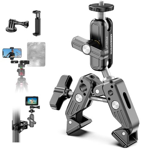 CAMBOFOTO Super Clamp con cabezal de bola doble de 360°, brazo mágico, abrazadera en forma de cangrejo, rosca de 1/4 y 3/8, compatible con trípode de mesa
